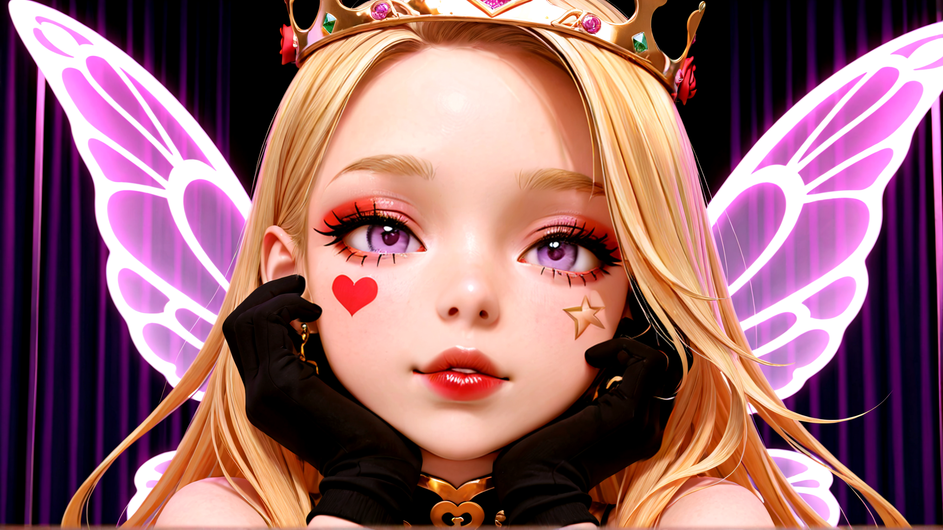 AI generated wallpaper featuring fairy, princess, wings, gloves, crown, hearts, stars, hair, eyes, ears