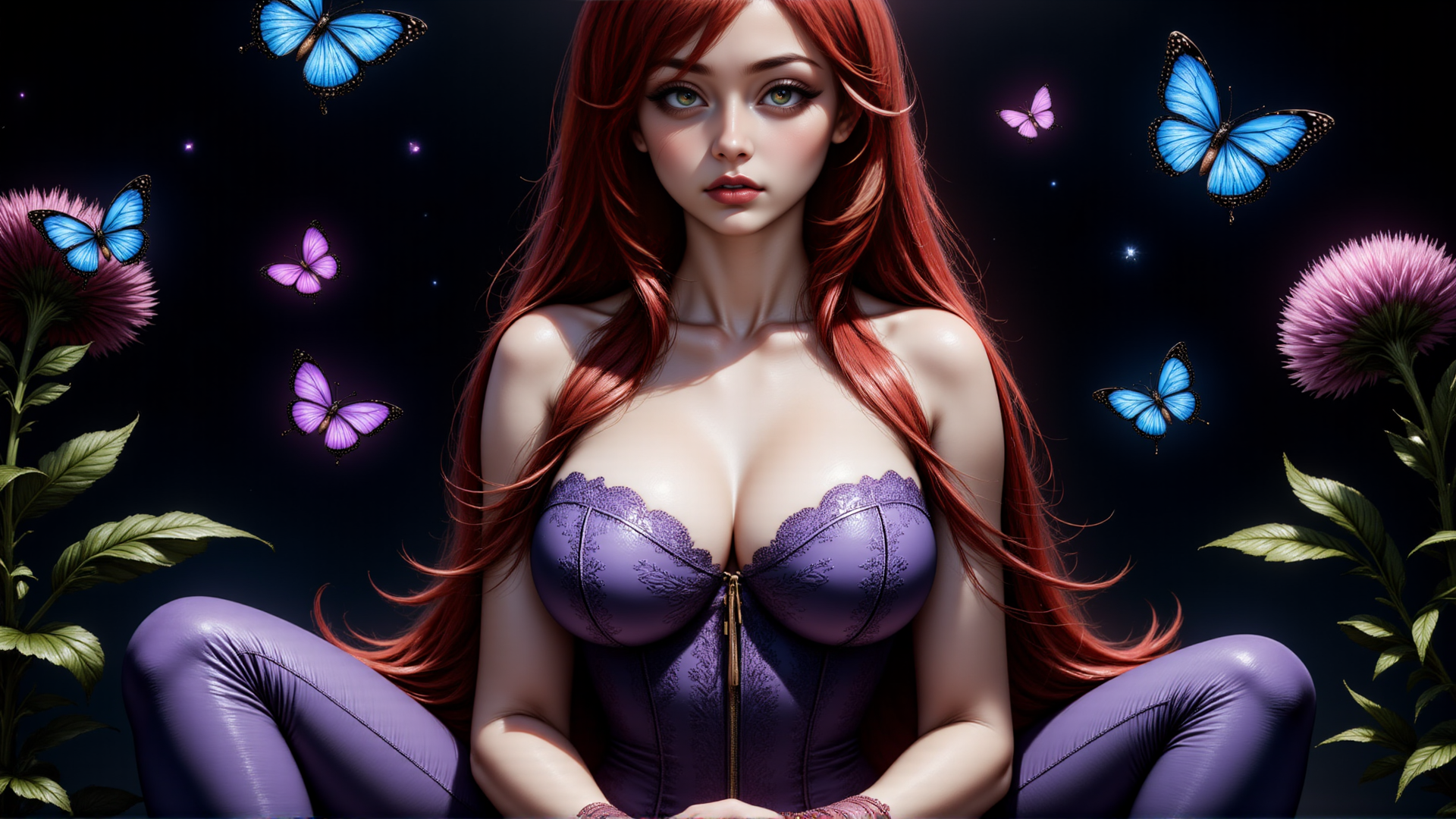 AI generated wallpaper featuring woman, butterflies, flowers