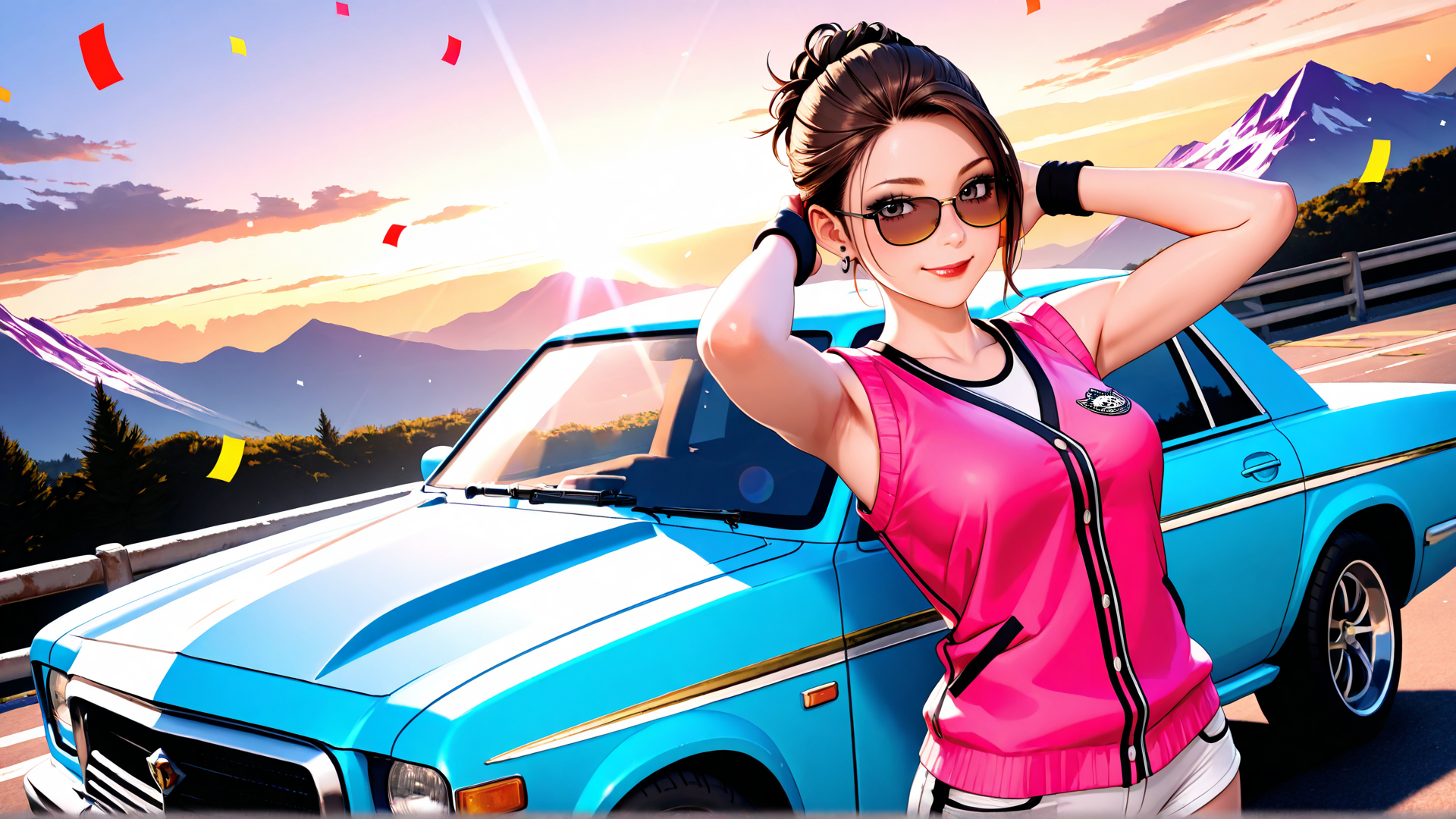 AI generated wallpaper featuring woman, car, mountain, confetti, sunglasses, road, sun, trees, sky, hair