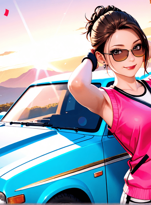 woman, car, mountain, confetti, sunglasses, road, sun, trees, sky, hair
