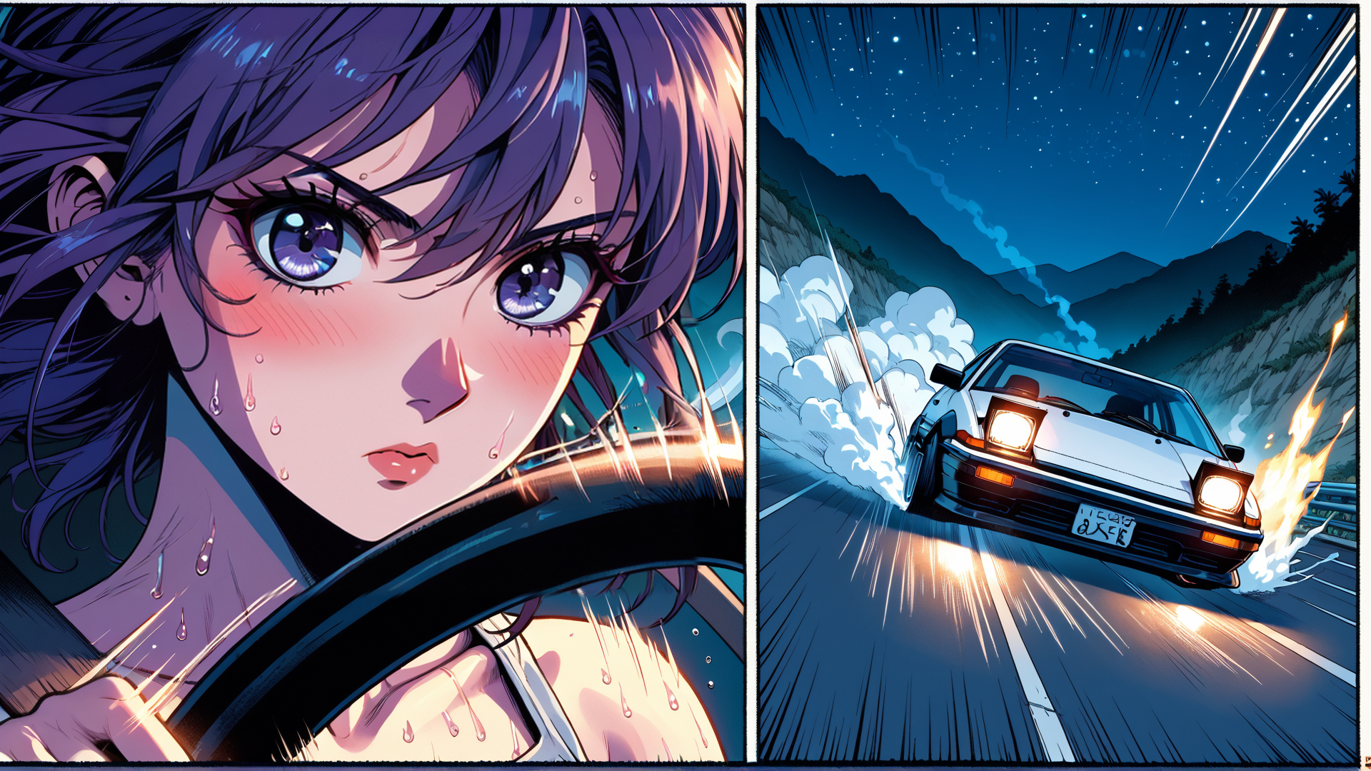 AI generated wallpaper featuring girl, car, road, mountain, stars, smoke, fire, seatbelt, sweat