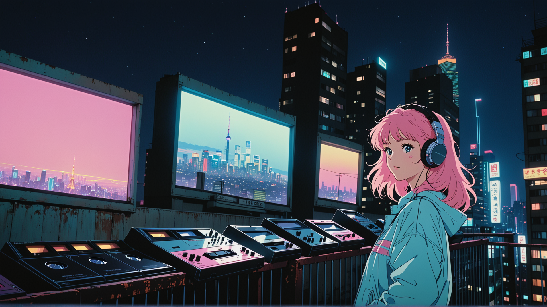 AI generated wallpaper featuring girl, cityscape, headphones