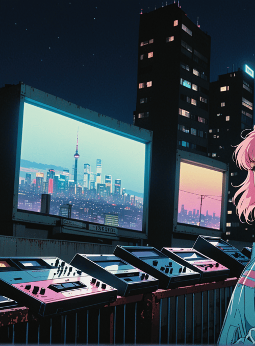girl, cityscape, headphones