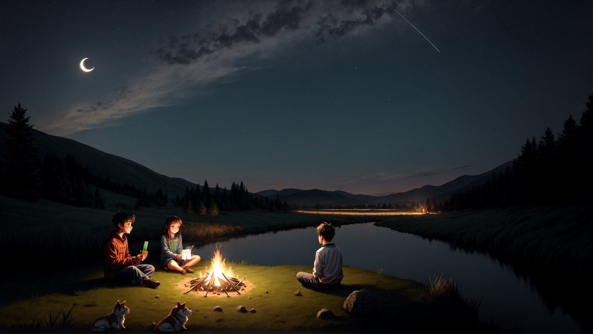 AI generated wallpaper featuring children, campfire, river, moon, stars, dogs, mountains, forest, laptop, drink