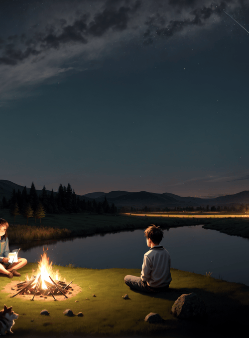 children, campfire, river, moon, stars, dogs, mountains, forest, laptop, drink
