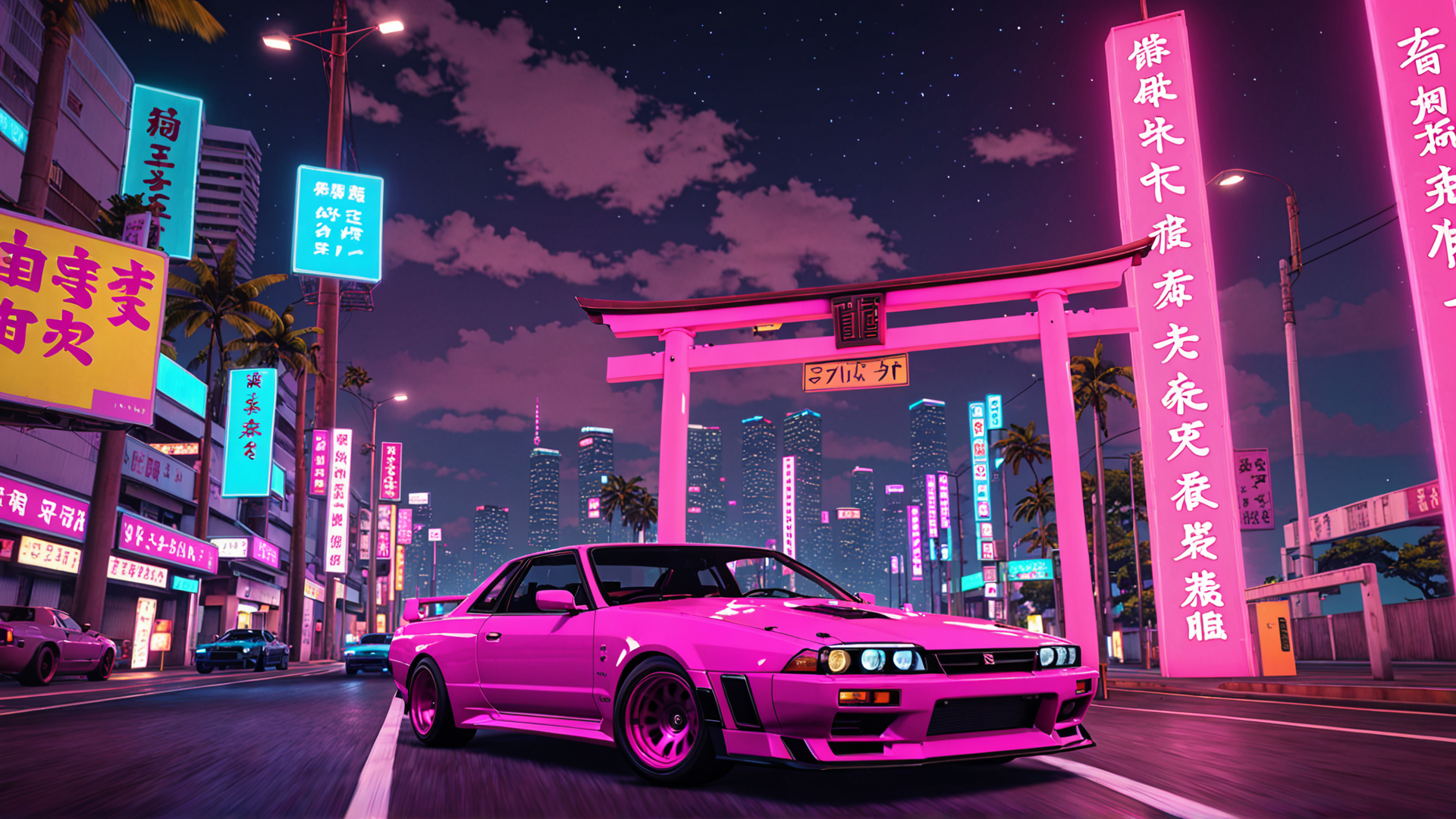 AI generated wallpaper featuring car, torii gate, neon signs