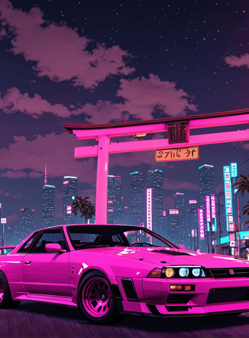 car, torii gate, neon signs