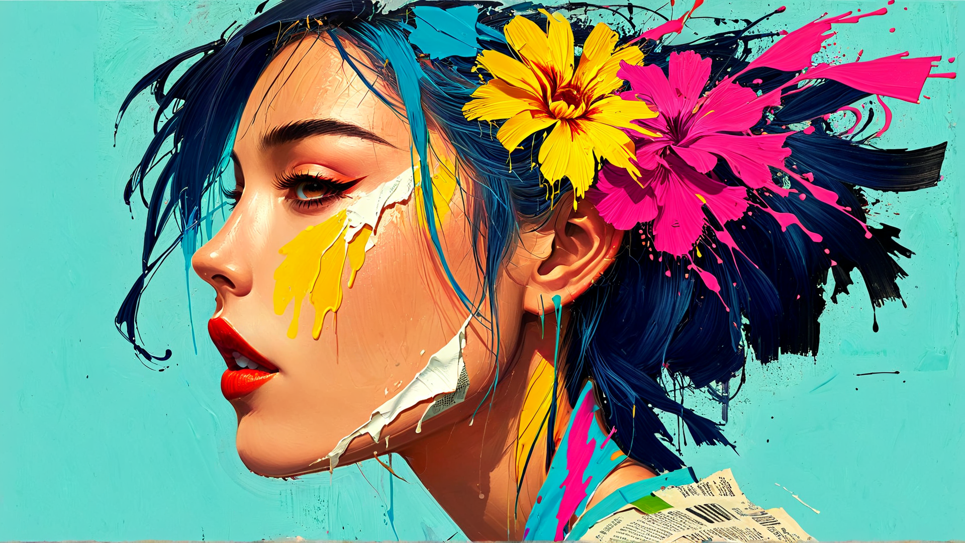 AI generated wallpaper featuring woman, flower, paint, hair, silk
