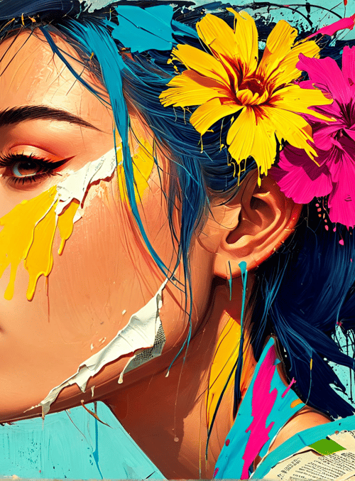 woman, flower, paint, hair, silk