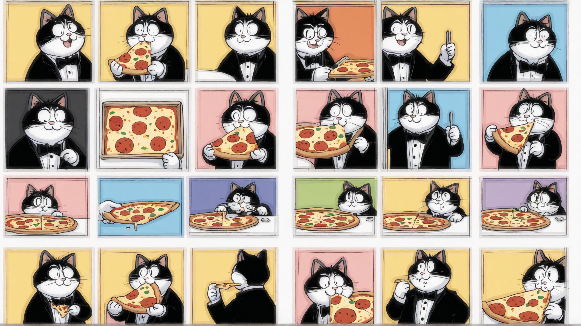 AI generated wallpaper featuring cat, pizza, tuxedo