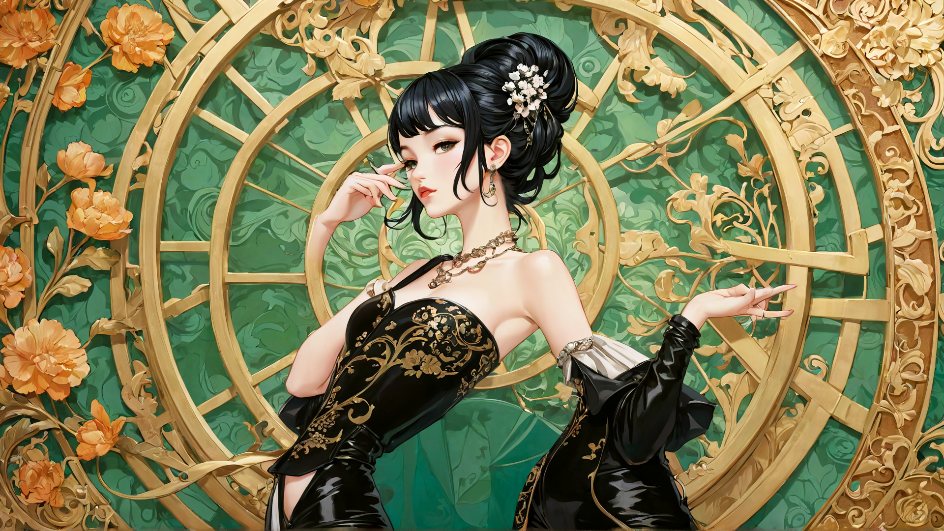 AI generated wallpaper featuring woman, dress, flowers, jewelry, hair