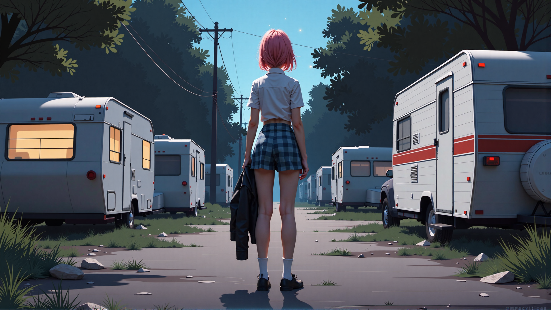 AI generated wallpaper featuring girl, camper, RV, trees, road, shoes, skirt, jacket, socks, power line