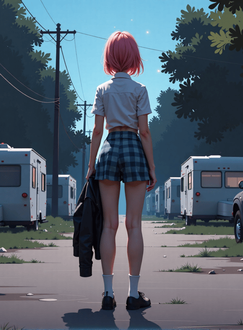 girl, camper, RV, trees, road, shoes, skirt, jacket, socks, power line