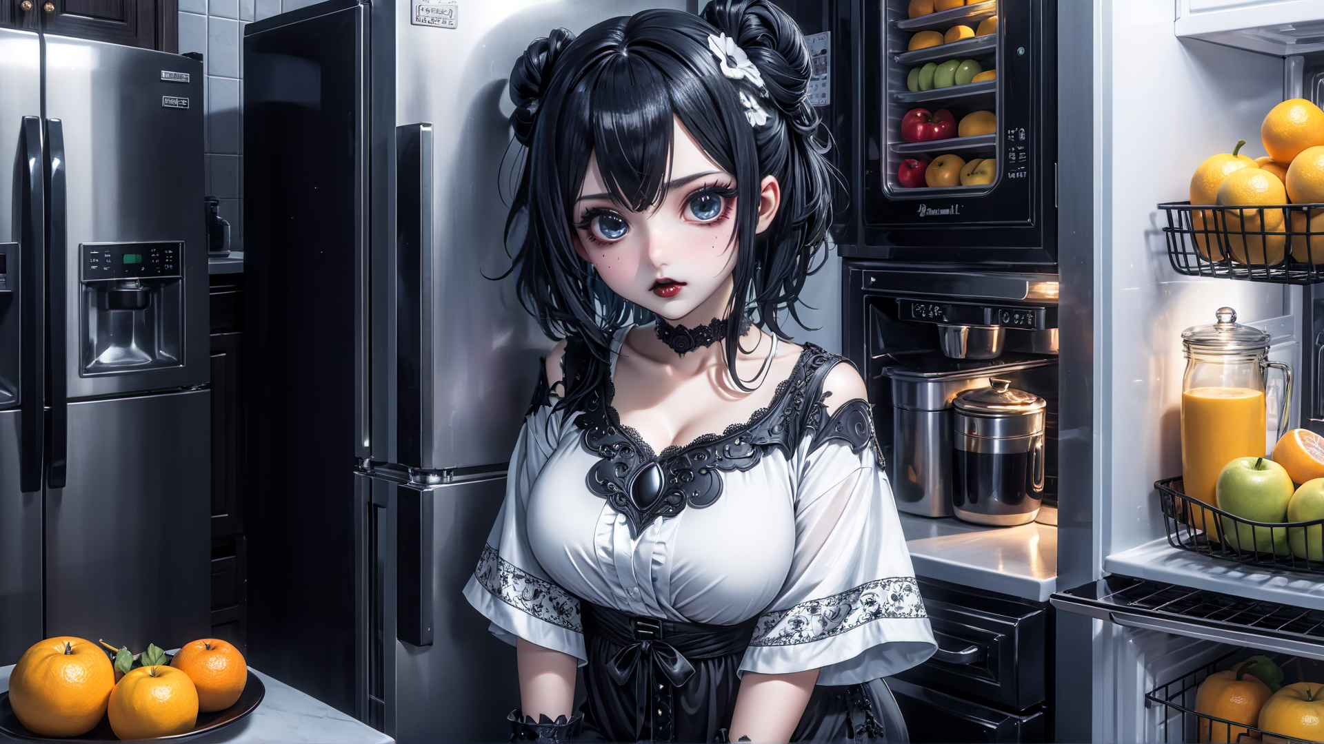 AI generated wallpaper featuring anime girl, refrigerator, fruit
