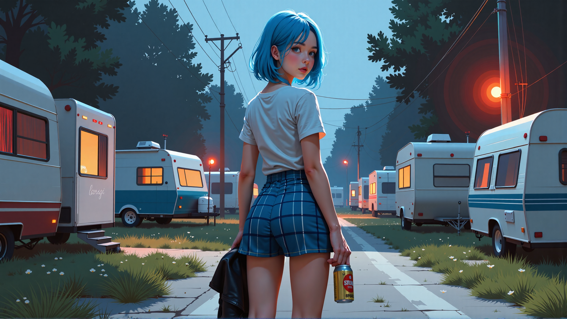 AI generated wallpaper featuring girl, caravan, campsite, shorts, can, jacket, trees, road, lamp, sky