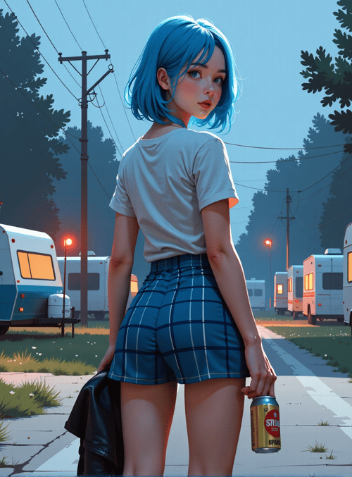 girl, caravan, campsite, shorts, can, jacket, trees, road, lamp, sky