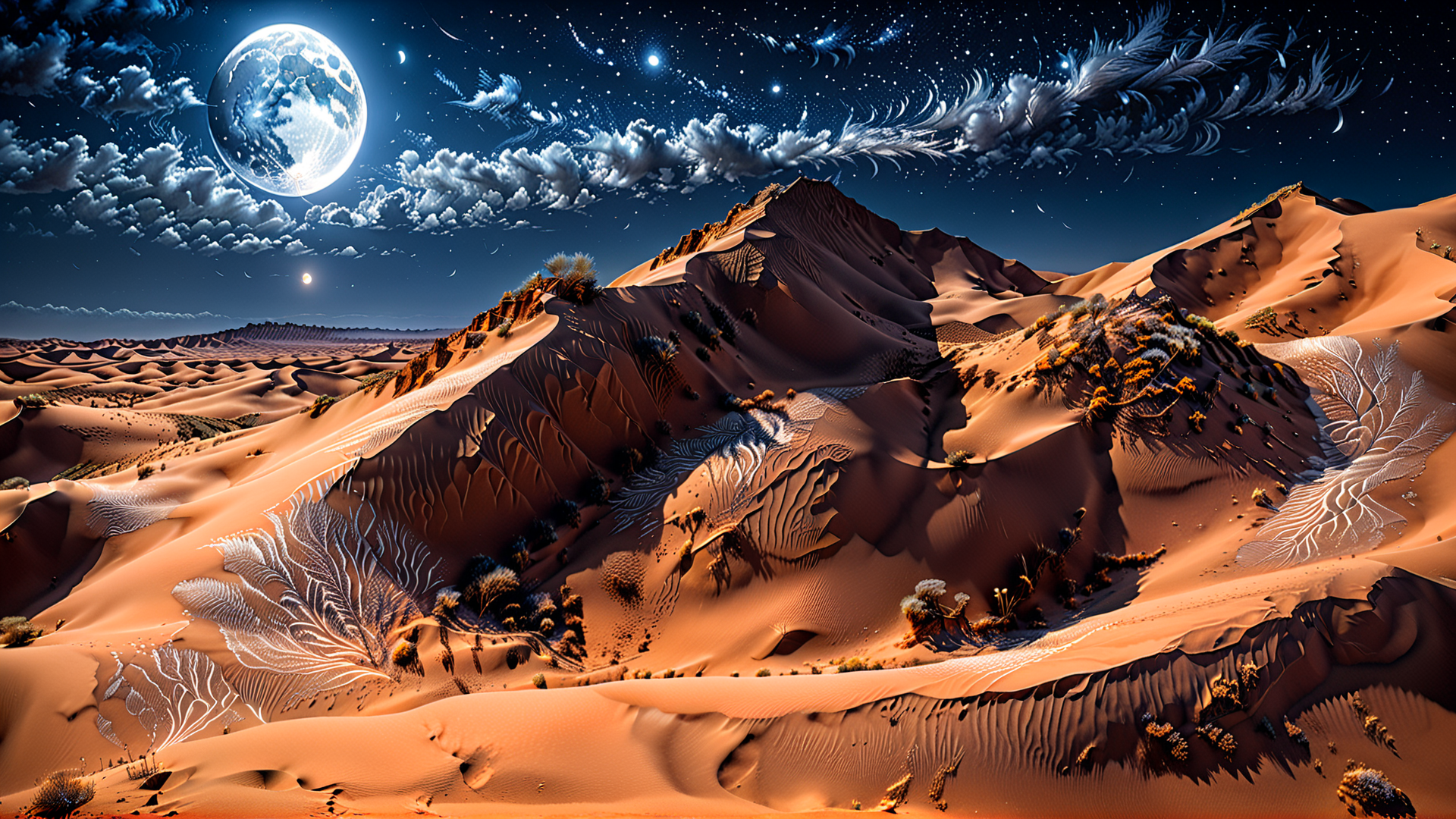 AI generated wallpaper featuring desert, moon, sand dunes