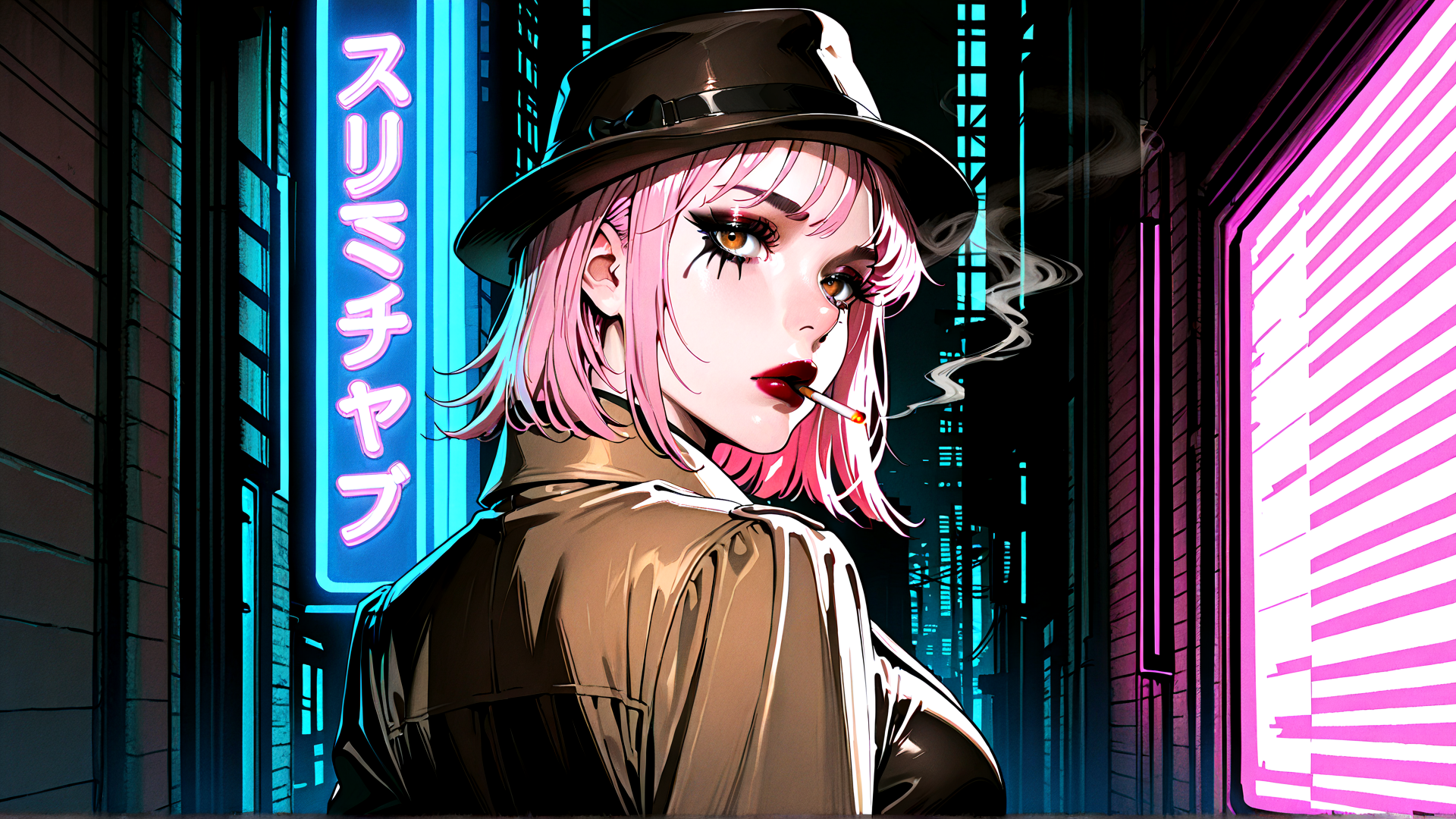 AI generated wallpaper featuring woman, neon, city, hat, cigarette, raincoat