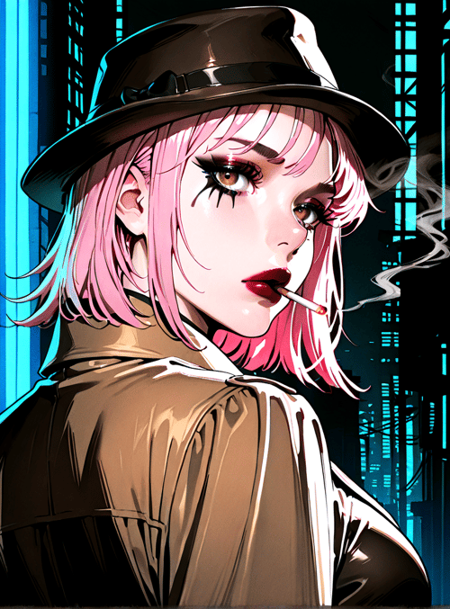 woman, neon, city, hat, cigarette, raincoat