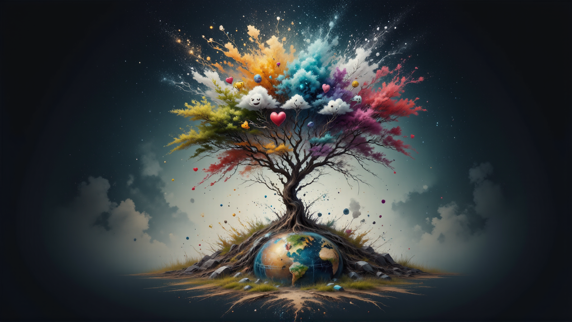 AI generated wallpaper featuring tree, earth, clouds, hearts, balloons