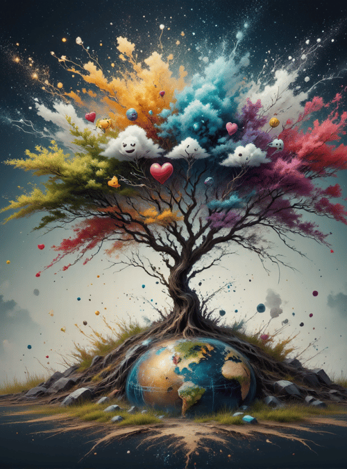 tree, earth, clouds, hearts, balloons