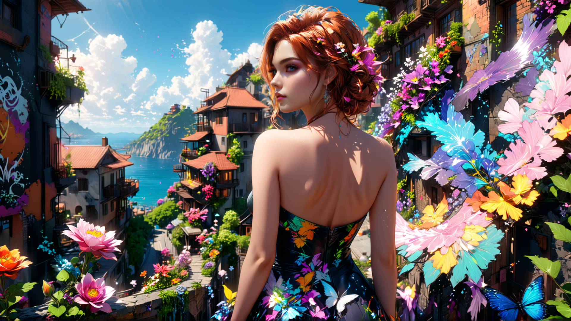 AI generated wallpaper featuring woman, flowers, buildings
