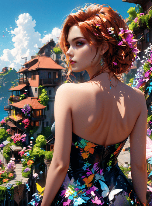 woman, flowers, buildings