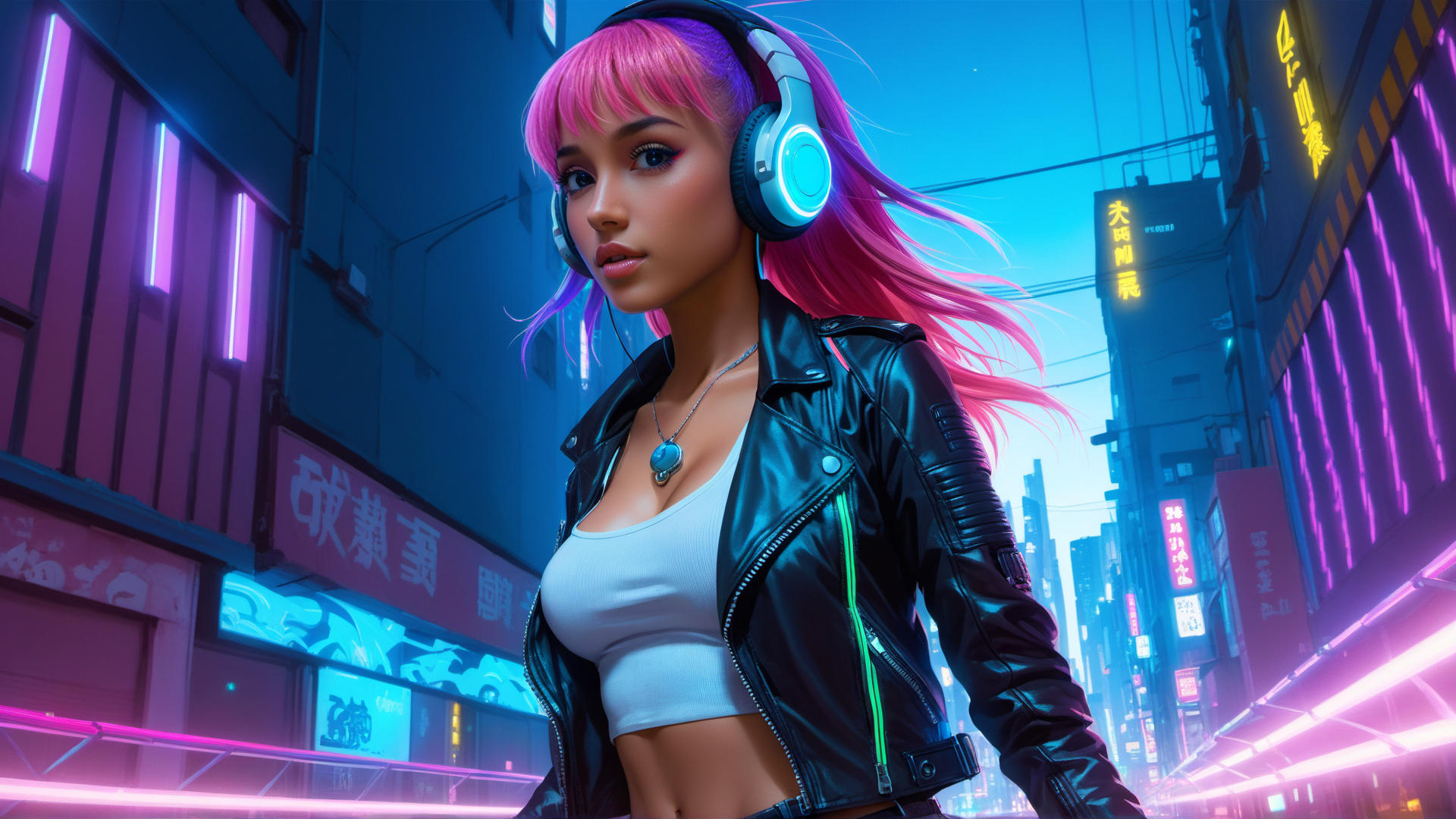 AI generated wallpaper featuring girl, neon, street