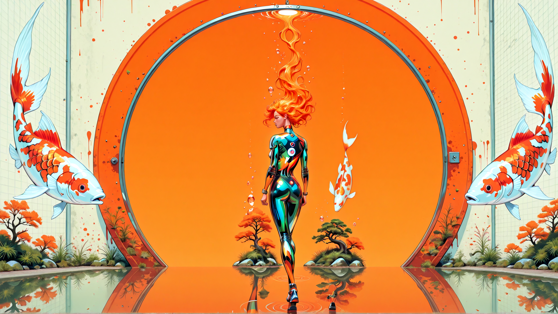 AI generated wallpaper featuring woman, koi fish, tree, portal