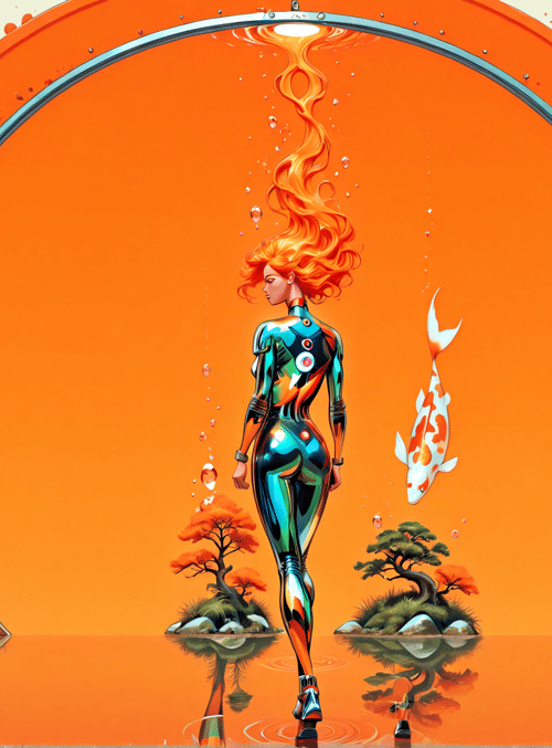 woman, koi fish, tree, portal