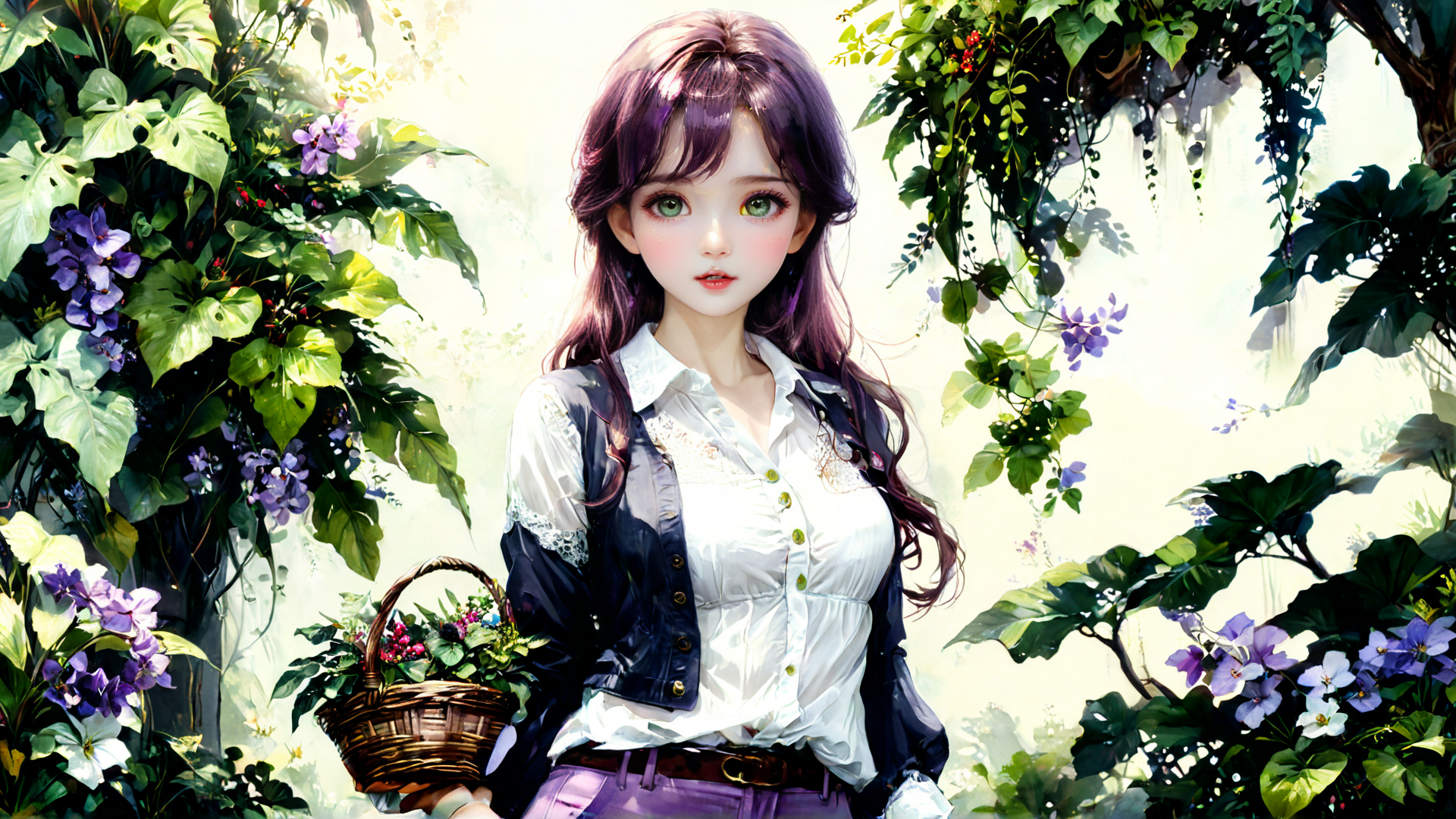 AI generated wallpaper featuring girl, flowers, basket