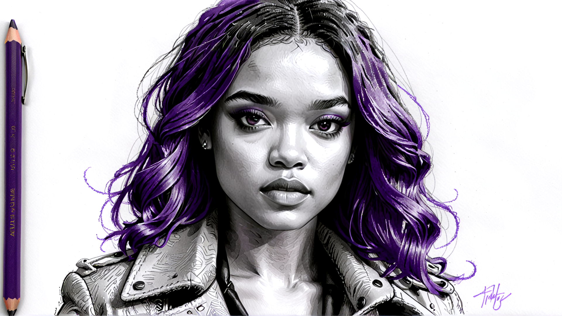 AI generated wallpaper featuring woman, hair, jacket, sketch