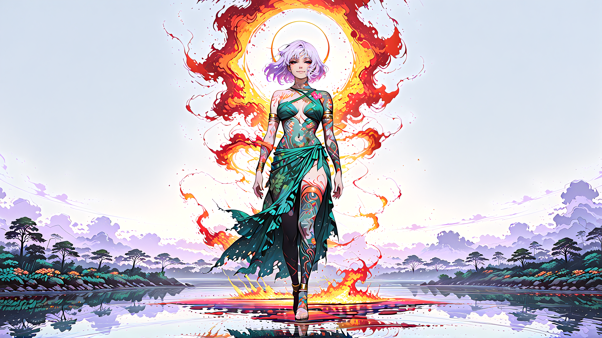 AI generated wallpaper featuring woman, nature, fire, water
