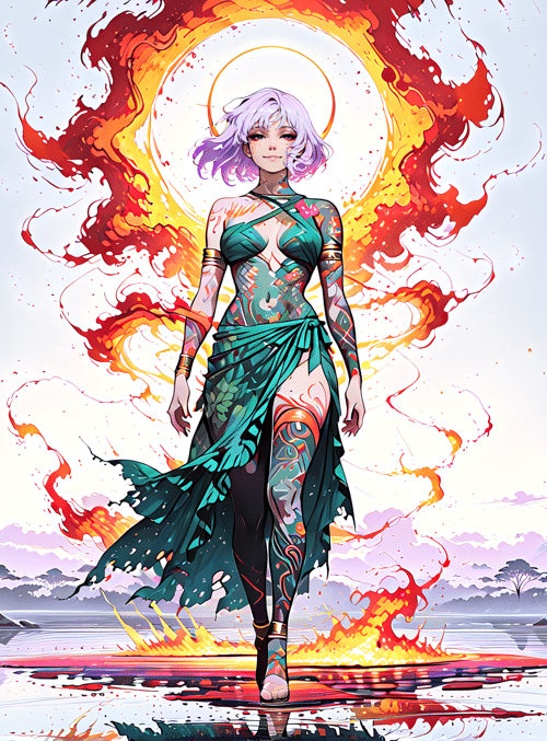 woman, nature, fire, water