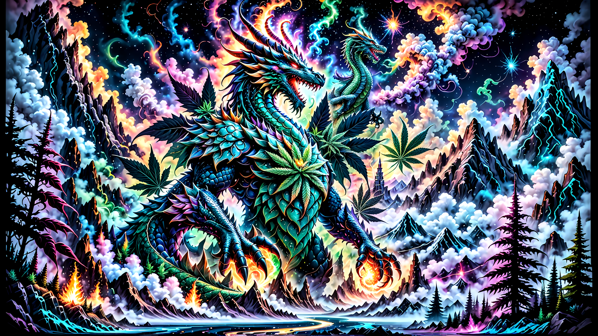 AI generated wallpaper featuring dragon, cannabis, mountains, clouds, stars, forest, fire