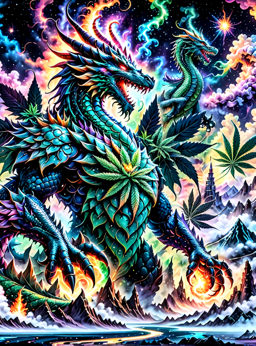 dragon, cannabis, mountains, clouds, stars, forest, fire