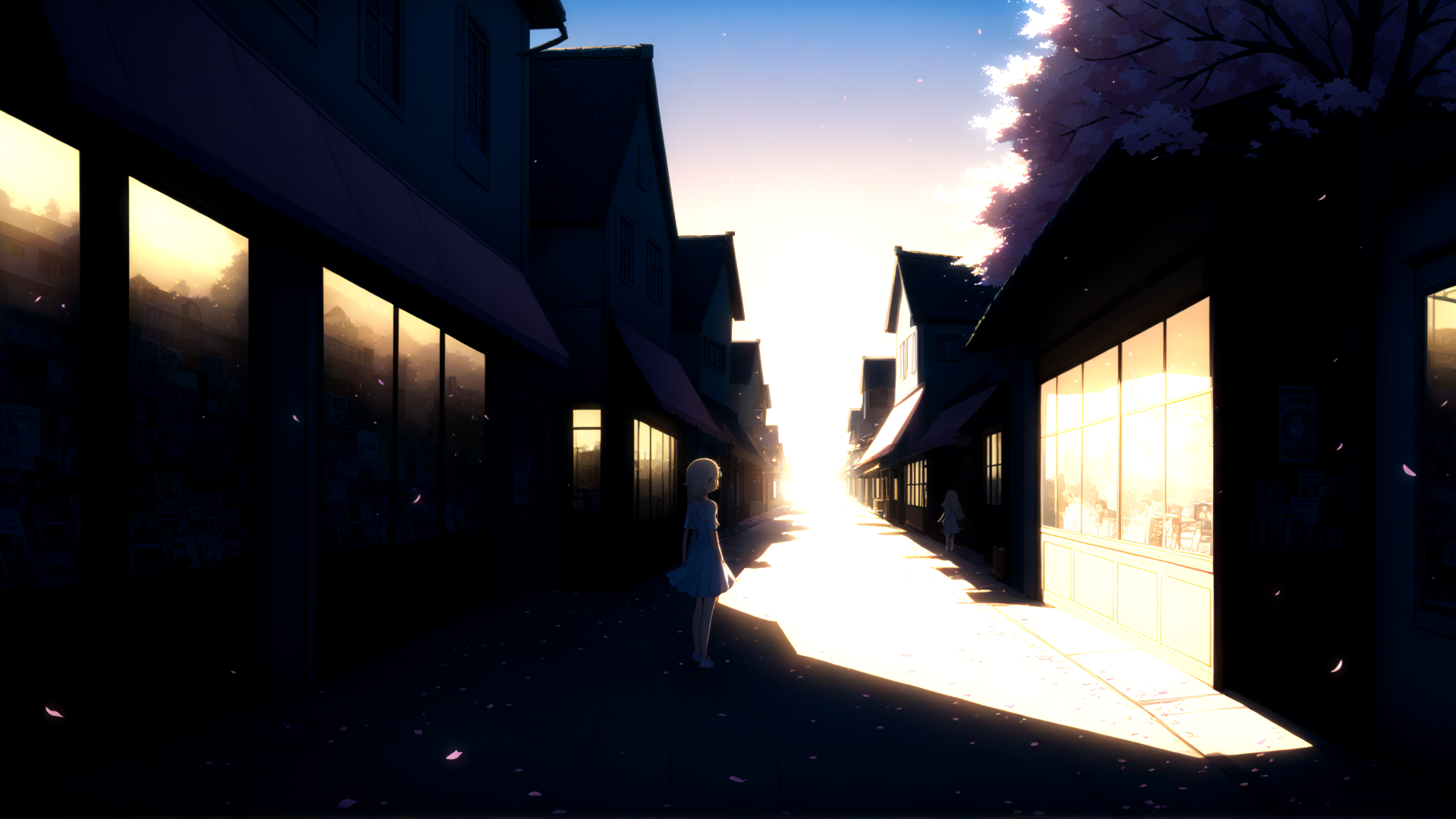 AI generated wallpaper featuring girl, street, buildings