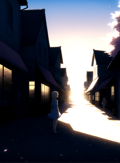 girl, street, buildings