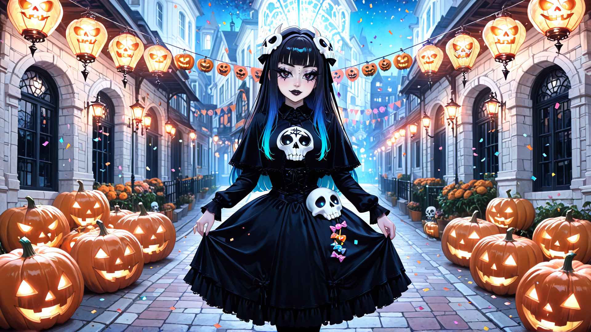 AI generated wallpaper featuring girl, pumpkin, lantern, skull, street, costume, confetti, lantern, building, skeleton