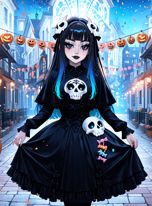 girl, pumpkin, lantern, skull, street, costume, confetti, lantern, building, skeleton
