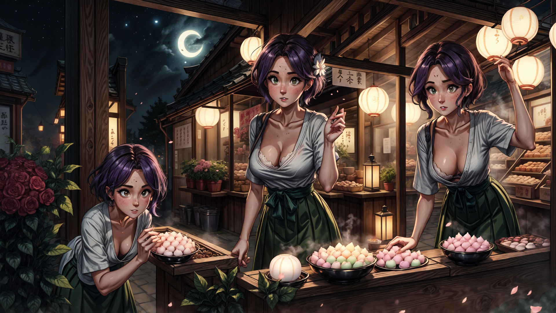 AI generated wallpaper featuring women, street vendor, moon, lanterns, mochi, roses, market, food stall, traditional shop, night market