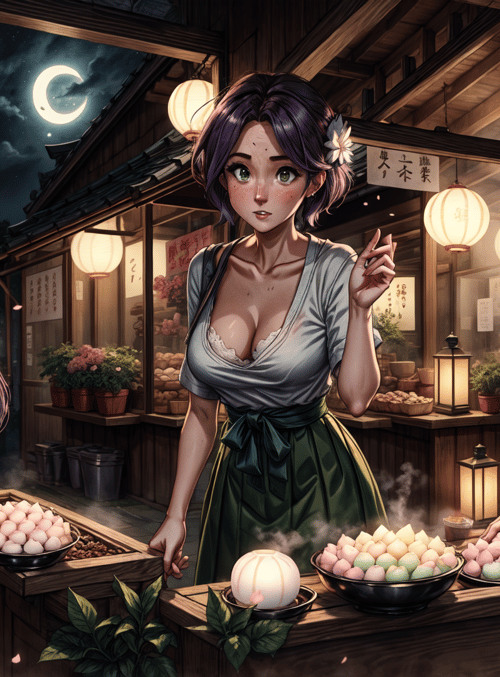 women, street vendor, moon, lanterns, mochi, roses, market, food stall, traditional shop, night market