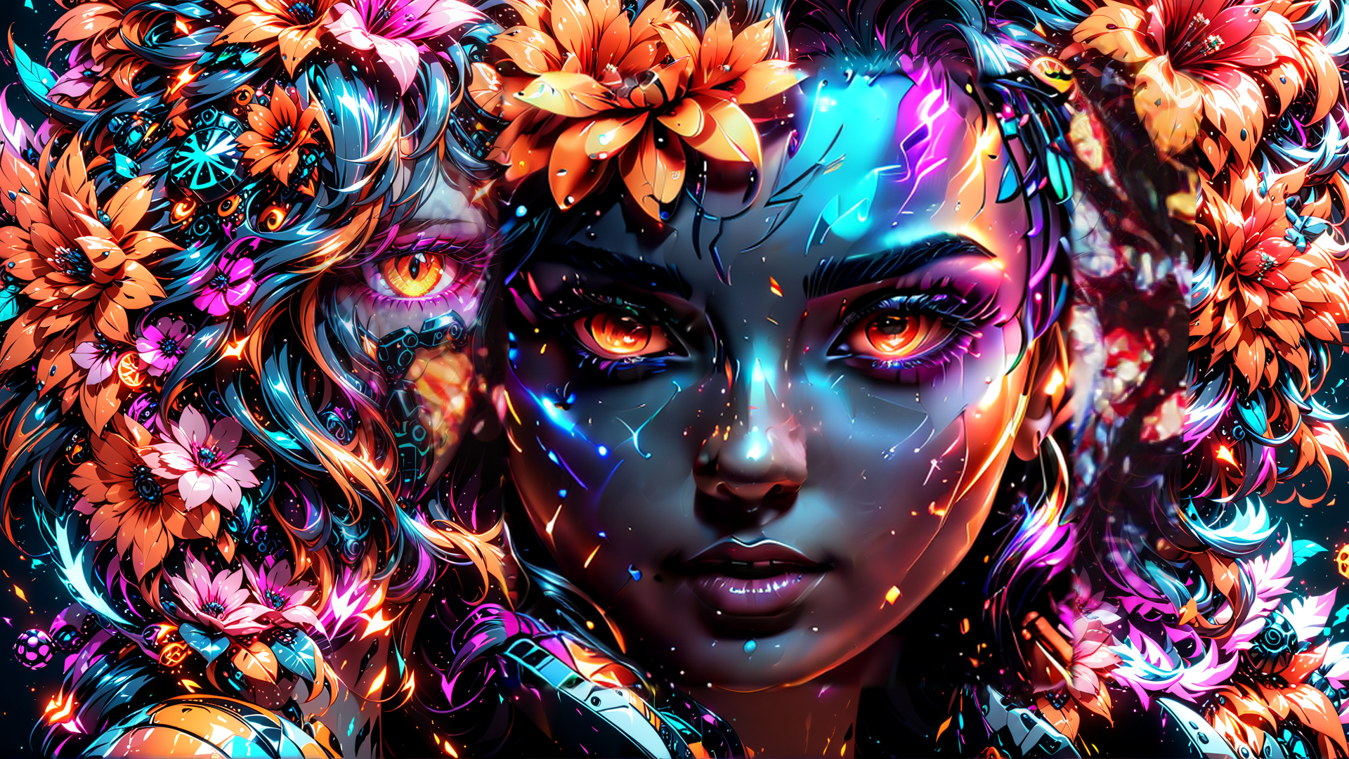 AI generated wallpaper featuring woman, flowers, cybernetics