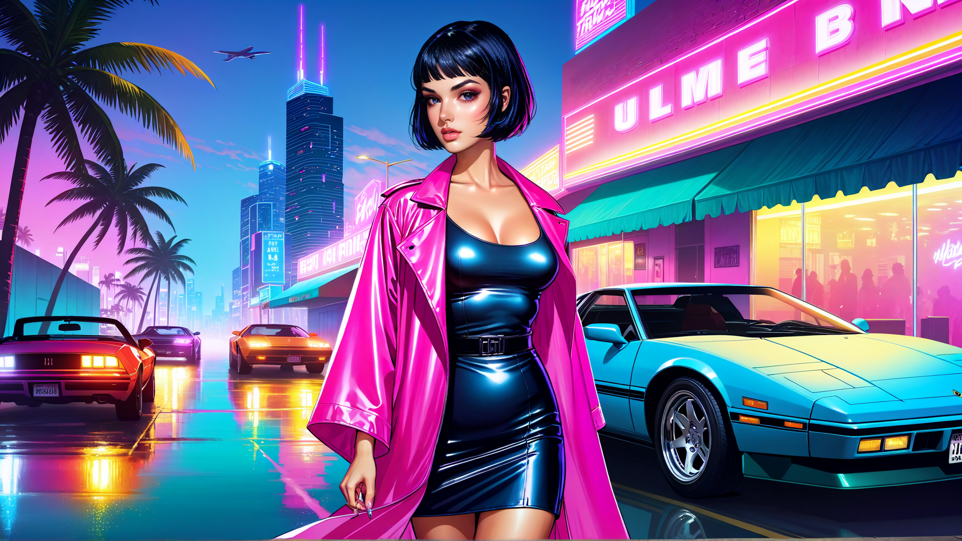 AI generated wallpaper featuring woman, cars, neon signs, palm trees, city