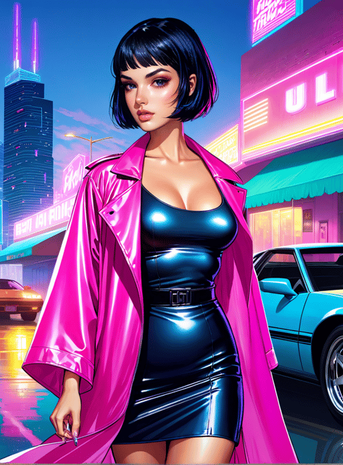 woman, cars, neon signs, palm trees, city