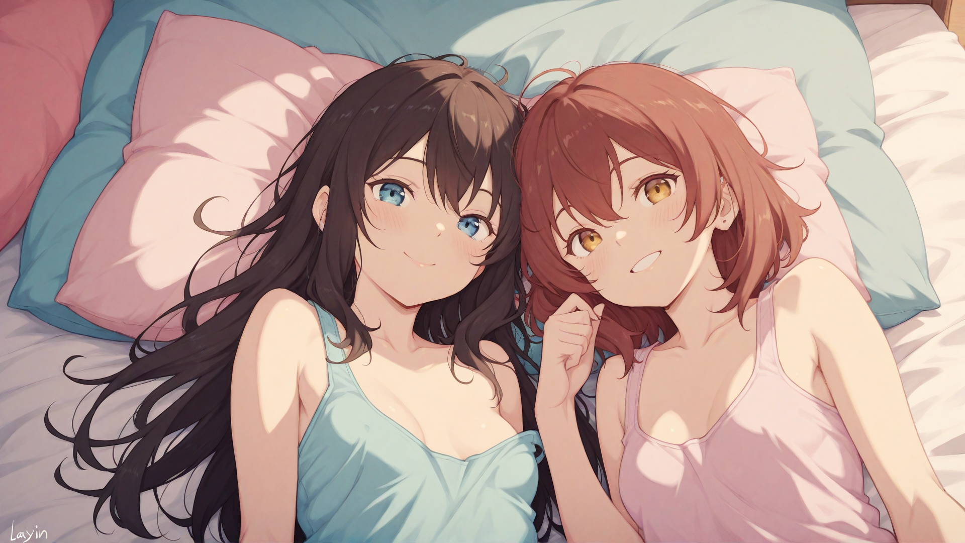 AI generated wallpaper featuring girls, bed, sleepwear