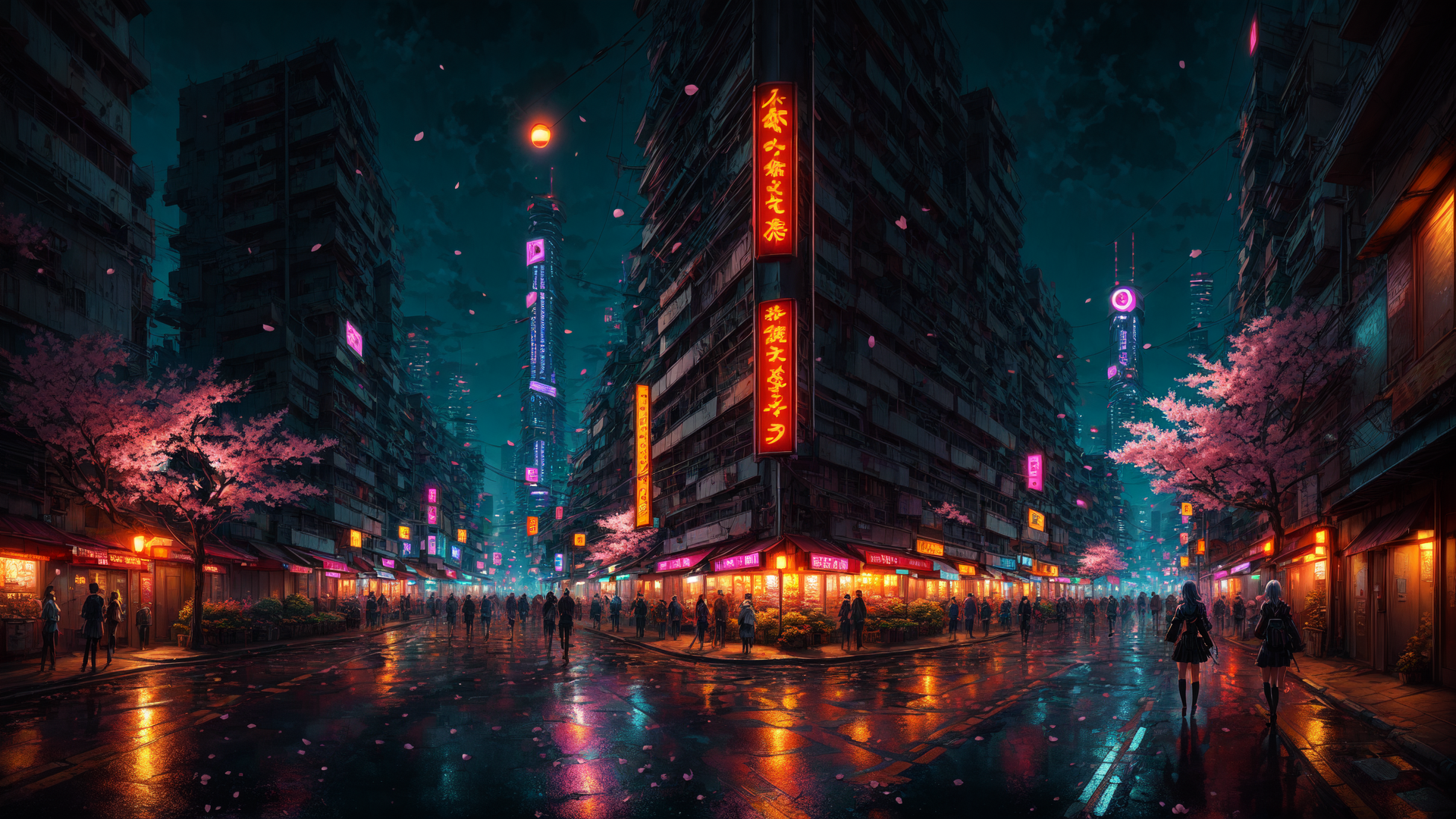 AI generated wallpaper featuring city, street, cherry blossoms