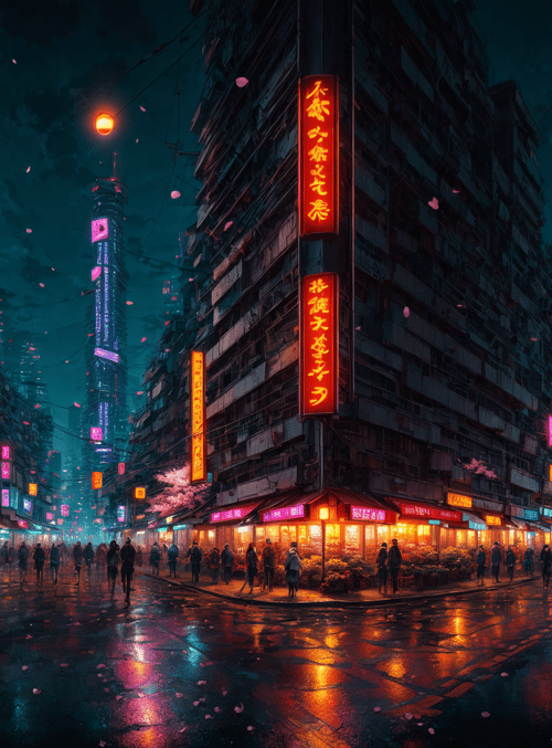 city, street, cherry blossoms
