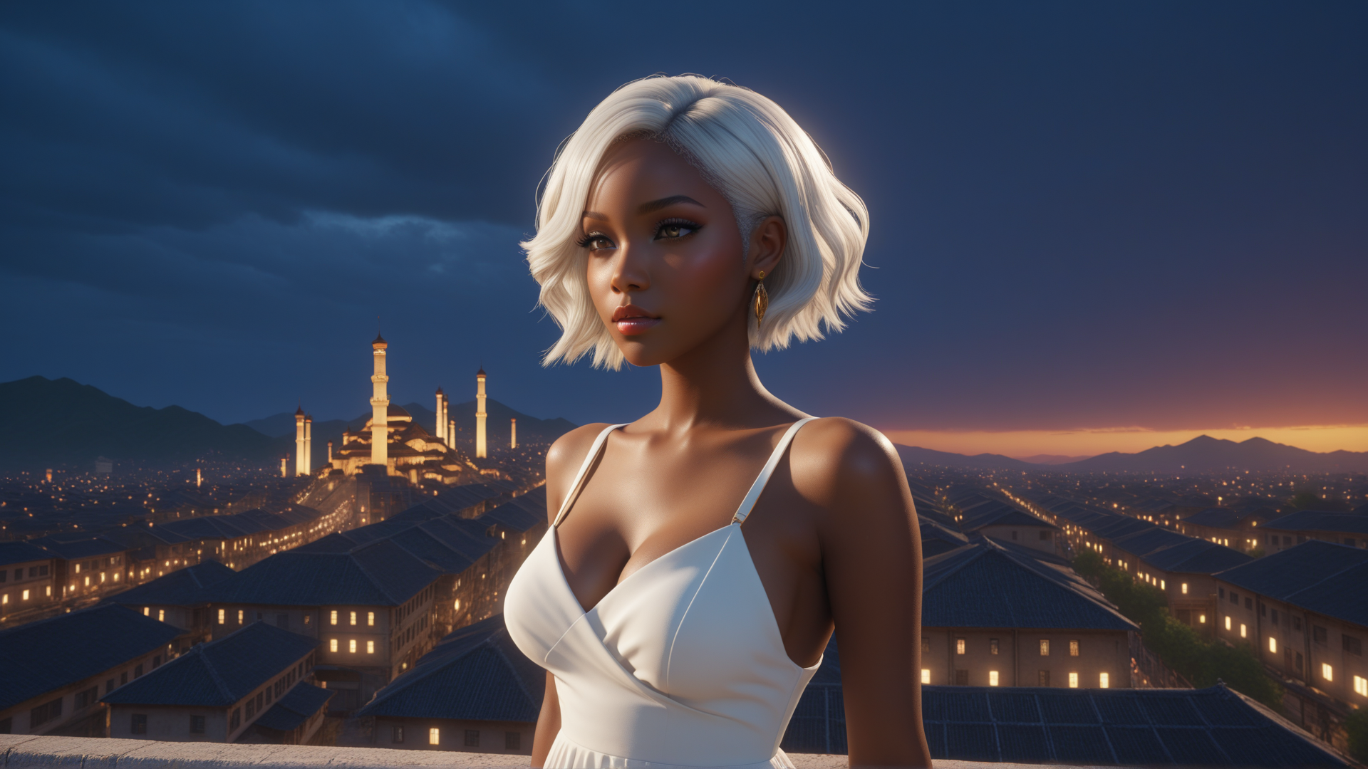 AI generated wallpaper featuring woman, cityscape, mosque, sunset, buildings