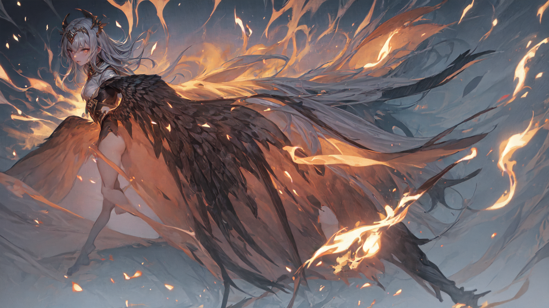 AI generated wallpaper featuring angel, fire, wing